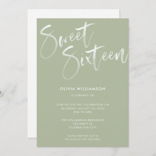 Modern Sage Green Brush Script Sweet 16 Birthday  Invitation
