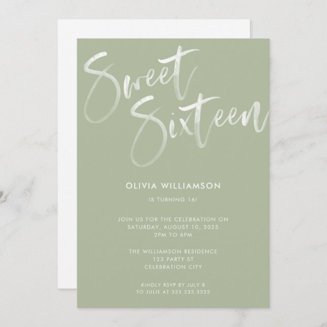 Modern Sage Green Brush Script Sweet 16 Birthday  Invitation (Front/Back)