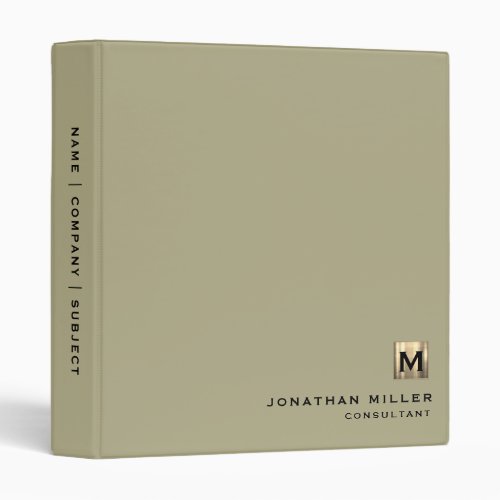 Modern Sage Green Brushed Gold Monogram 3 Ring Binder