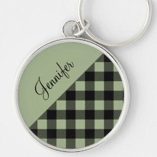 Modern Sage Green Buffalo Check Name Keychain