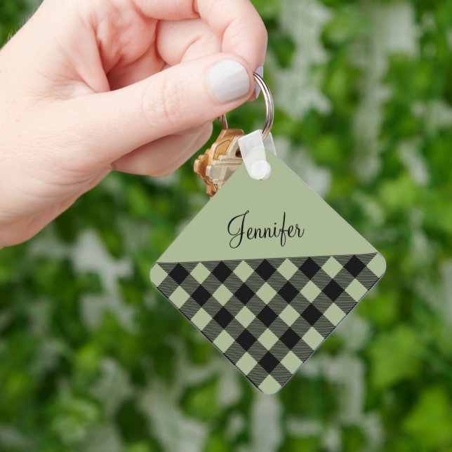 Modern Sage Green Buffalo Plaid Name Keychain (Hand)