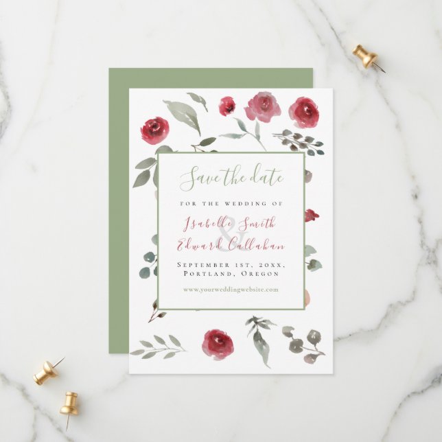 Modern Sage Green Burgundy Floral Wedding Save The Date (Front/Back In Situ)