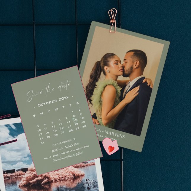 Modern sage green calendar photo save the date invitation (Creator Uploaded)