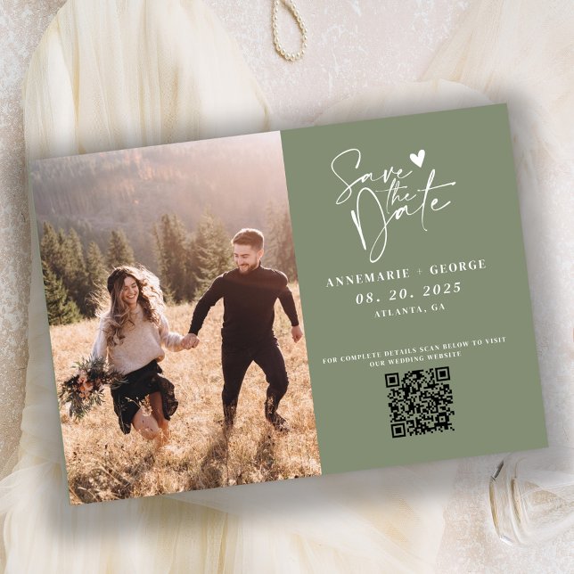 Modern Sage Green Calligraphy Photo QR Code Save The Date (Creator Uploaded)
