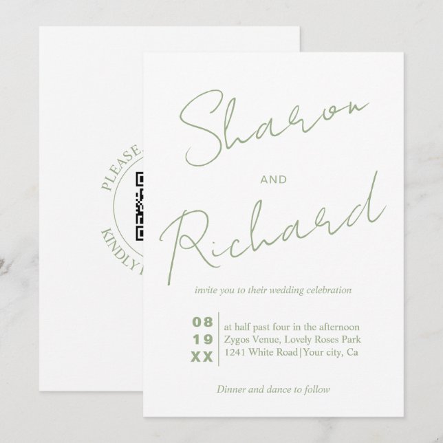 Modern sage green calligraphy QR code wedding Invitation (Front/Back)