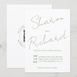 Modern sage green calligraphy QR code wedding Invitation