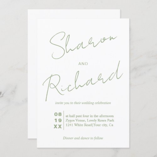 Modern sage green calligraphy QR code wedding Invitation