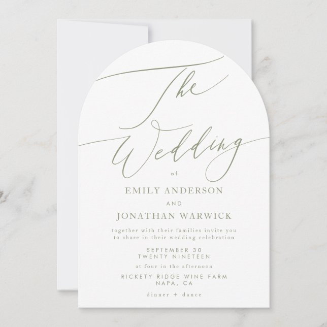 Modern Sage Green Calligraphy Simple Arch Wedding Invitation (Front)