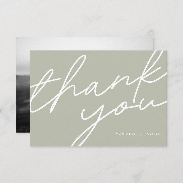 Modern Sage Green Calligraphy Wedding Photo Thank You Card (Front/Back)