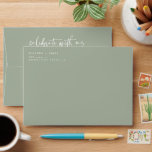 Modern Sage Green Celebrate with us Script Wedding Envelope<br><div class="desc">Solid neutral sage green envelope with white handwritten calligraphy script for "celebrate with us" on the back flap and your return address on the front. A simple minimal wedding invitation envelope,  matching sage green wedding invitation suite with minimal handwritten calligraphy available in my shop.</div>