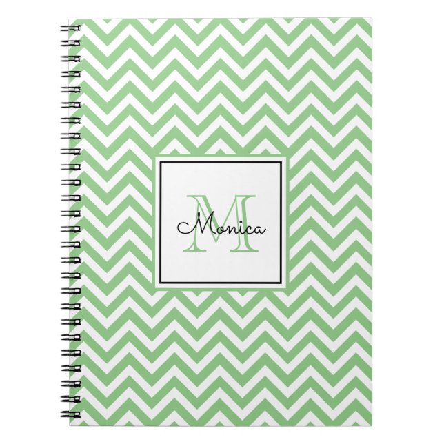 Modern Sage Green Chevron Pattern with Monogram Notebook (Front)
