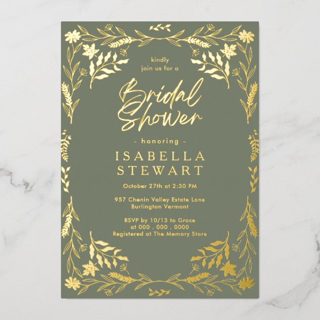 Modern Sage Green Chic Boho Floral Bridal Shower Foil Invitation (Front)