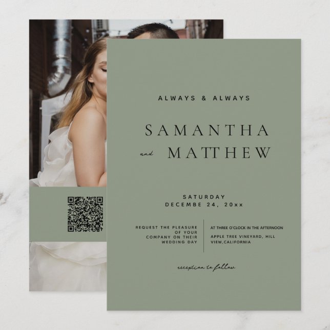 Modern Sage Green Classic QR Code Photo Wedding Invitation (Front/Back)