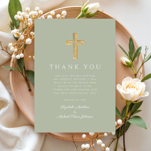 Modern Sage Green Cross Baptism Thank You Card