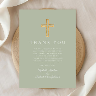 Modern Sage Green Cross Baptism Thank You Card