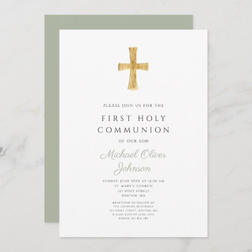 Modern Sage Green Cross First Communion Invitation
