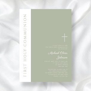 Modern Sage Green Cross First Holy Communion Invitation