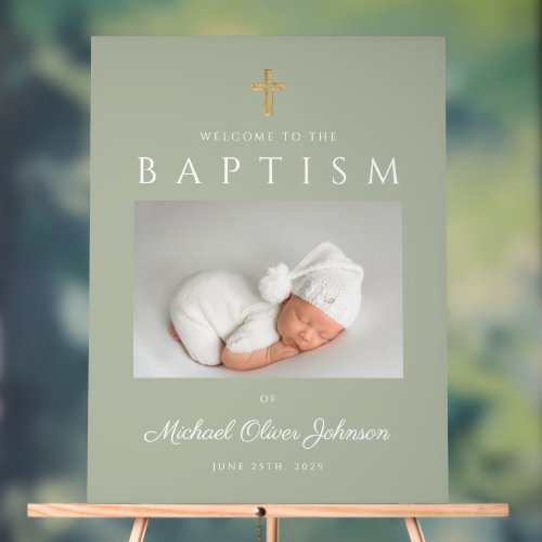 Modern Sage Green Cross Photo Boy Baptism Welcome Acrylic Sign