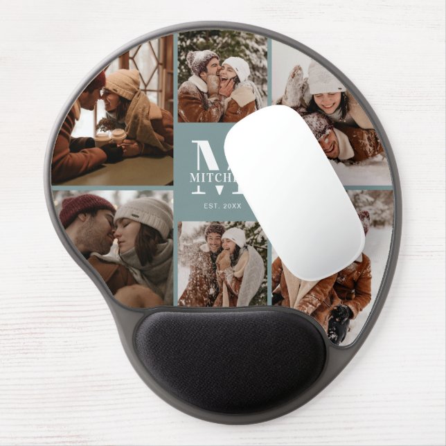 Modern Sage Green Custom Family Photo Collage Gel Mouse Pad (Left Side)