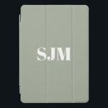 Modern sage green custom monogram initials iPad pro cover<br><div class="desc">Minimalist modern sage green and white custom monogram initials or name elegant chic personalized iPad Pro Cover.
Fully customizable white text or you can just delete it. Sage green plain solid color background.</div>