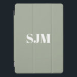 Modern sage green custom monogram initials iPad pro cover<br><div class="desc">Minimalist modern sage green and white custom monogram initials or name elegant chic personalized iPad Pro Cover.
Fully customizable white text or you can just delete it. Sage green plain solid color background.</div>