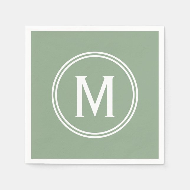 Modern Sage Green Custom Round Framed Monogram Napkins (Front)
