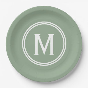 Modern Sage Green Custom Round Framed Monogram Paper Plates