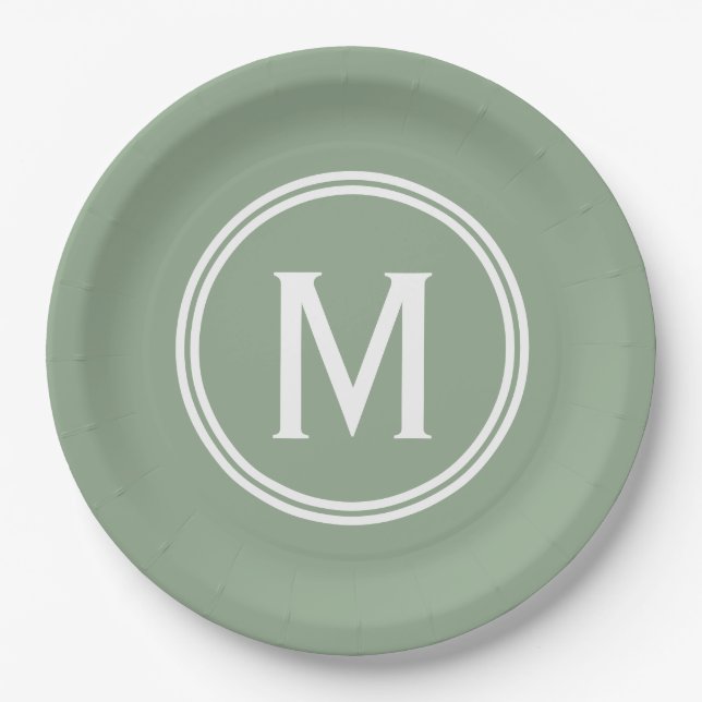 Modern Sage Green Custom Round Framed Monogram Paper Plates (Front)