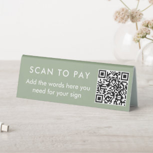Modern Sage Green Custom Text Scan to Pay QR Code Table Tent