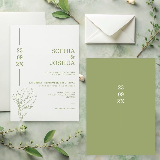 Modern Sage Green Date Line Floral Wedding  Invitation (Modern Line Floral Sage Wedding Invitation, Sage Green Wedding Invitation, Sage Wedding Invite)