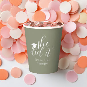 Modern Sage Green Elegant Fonts Grad Party Paper Cups