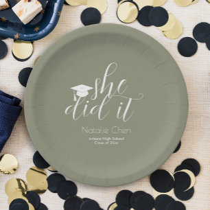Modern Sage Green Elegant Fonts Graduation Paper Plates