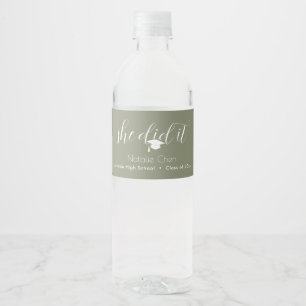 Modern Sage Green Elegant Fonts Graduation Water Bottle Label