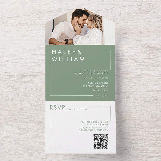 Modern Sage Green Elegant Minimalist Photo Wedding All In One Invitation (Inside)