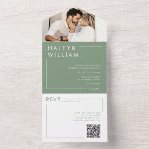 Modern Sage Green Elegant Minimalist Photo Wedding All In One Invitation