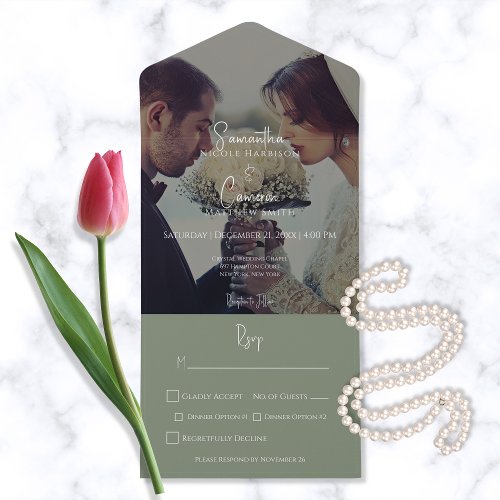 Modern Sage Green Elegant Photo Dinner All In One Invitation