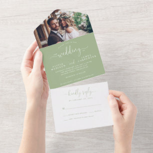 Modern Sage Green Elegant Script Photo Wedding All In One Invitation
