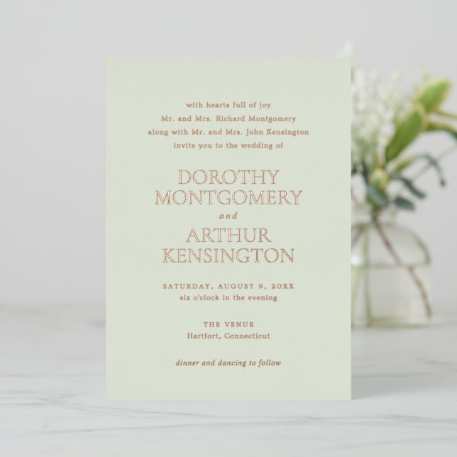 Modern Sage Green Elegant Wedding Foil Invitation (Standing Front)