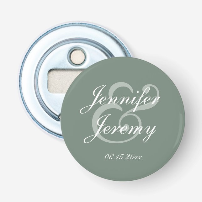 Modern Sage Green Elegant White Script Wedding Bottle Opener (Front)