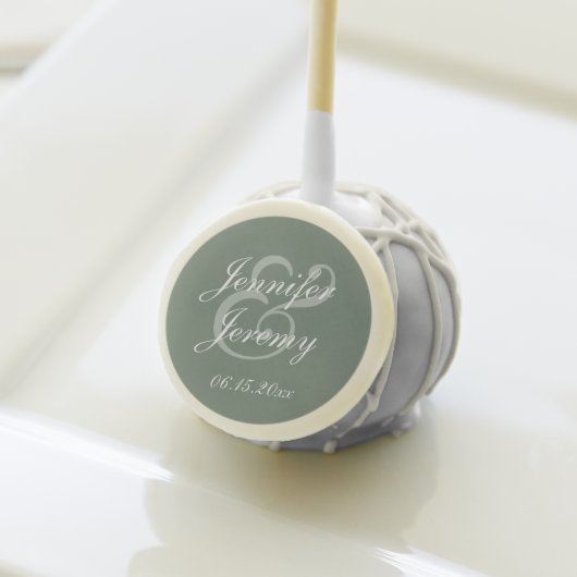 Modern Sage Green Elegant White Script Wedding Cake Pops (Front Insitu)