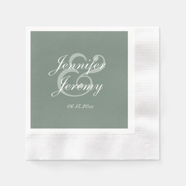 Modern Sage Green Elegant White Script Wedding  Napkins (Front)