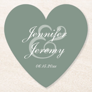 Modern Sage Green Elegant White Script Wedding Paper Coaster