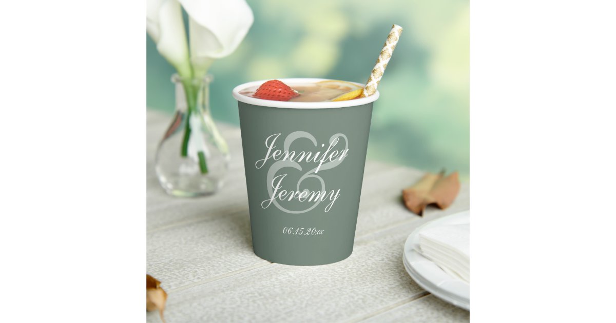 Modern Sage Green Elegant White Script Wedding Paper Cups | Zazzle
