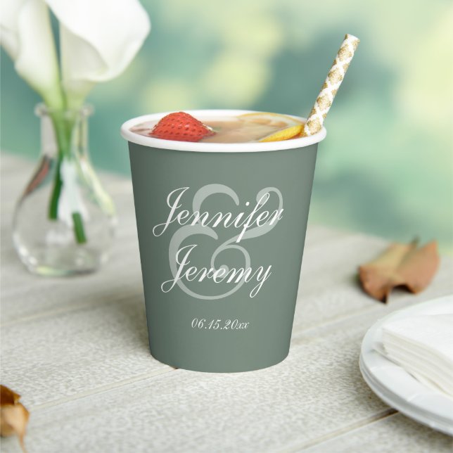 Modern Sage Green Elegant White Script Wedding Paper Cups (Insitu)