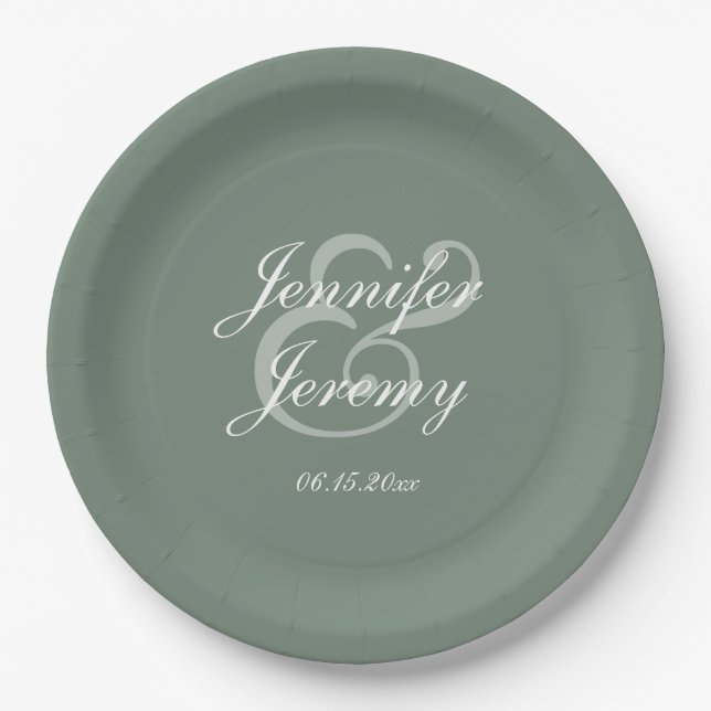 Modern Sage Green Elegant White Script Wedding Paper Plates (Front)