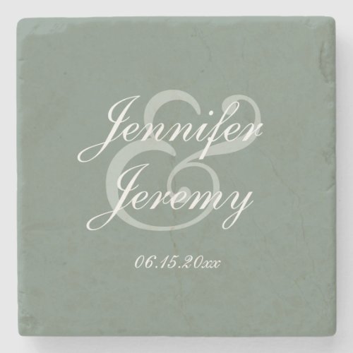 Modern Sage Green Elegant White Script Wedding Stone Coaster