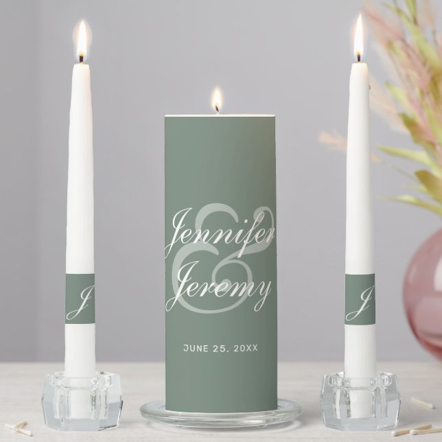 Modern Sage Green Elegant White Script Wedding Unity Candle Set (In Situ)