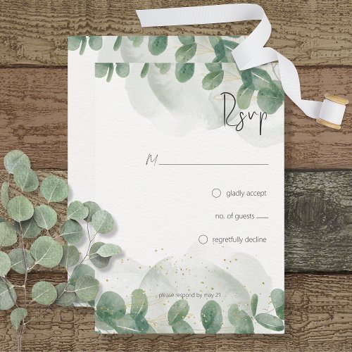 Modern Sage Green Eucalyptus  Gold Wedding RSVP Card