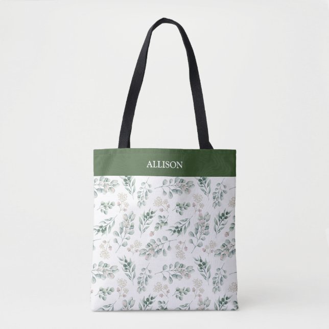 Modern Sage Green Eucalyptus Personalized Tote Bag (Front)
