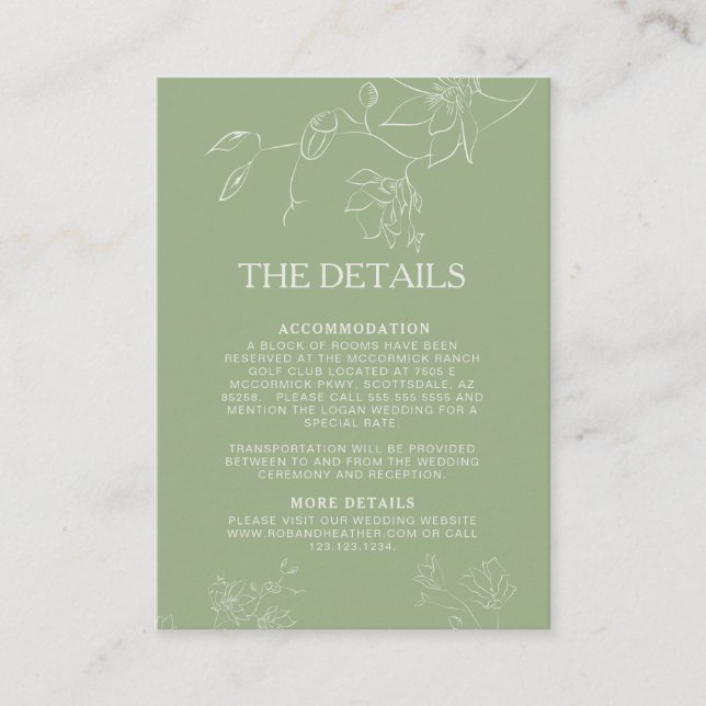Modern Sage Green Floral Botanical Wedding Details Enclosure Card (Front)